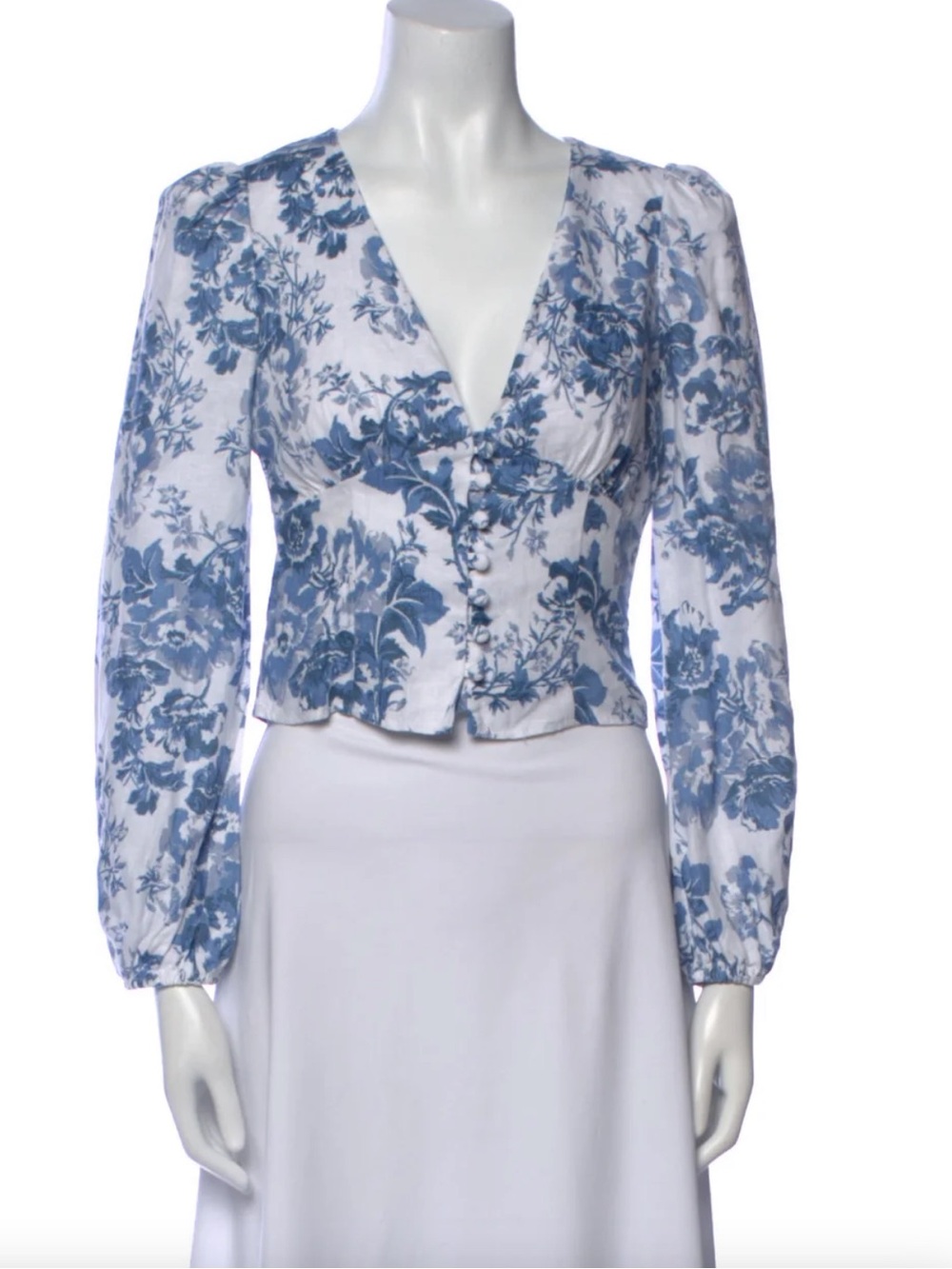 Reformation Cream and Blue Floral V-Neck Puff Sleeve Blouse